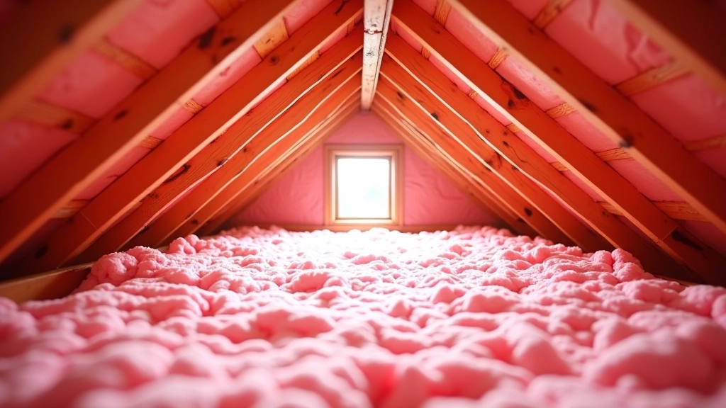 Attic space showing wooden joists and existing insulation batts, natural light from gable vent
