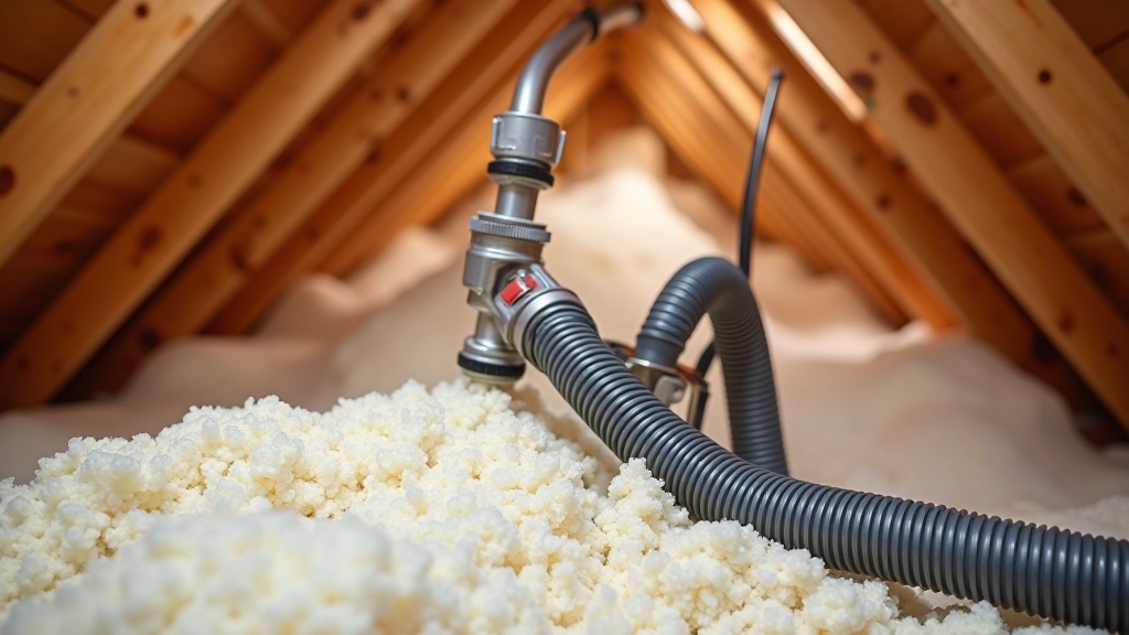 Blown insulation equipment setup showing hose and distribution nozzle in attic space
