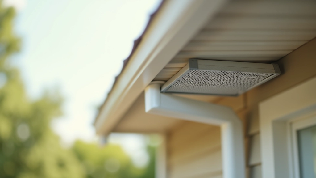 Soffit ventilation system showing perforated aluminum vents running along house eaves with proper spacing